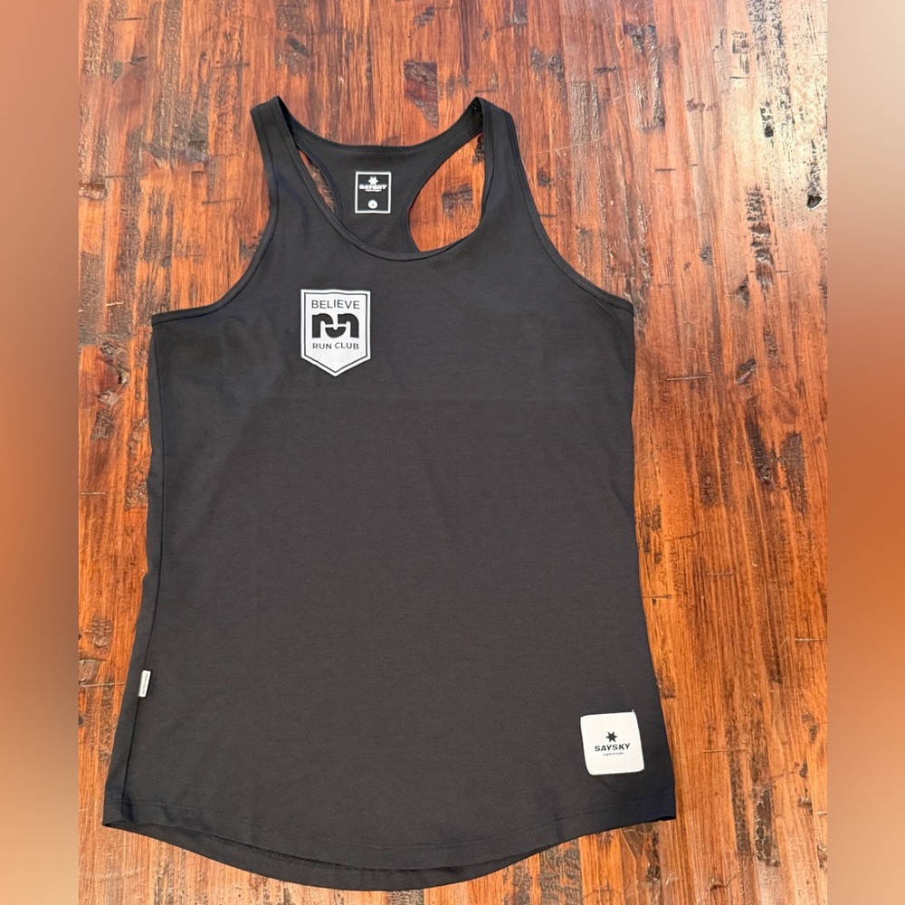 Black Racerback Tank with Believe Run Club Patch